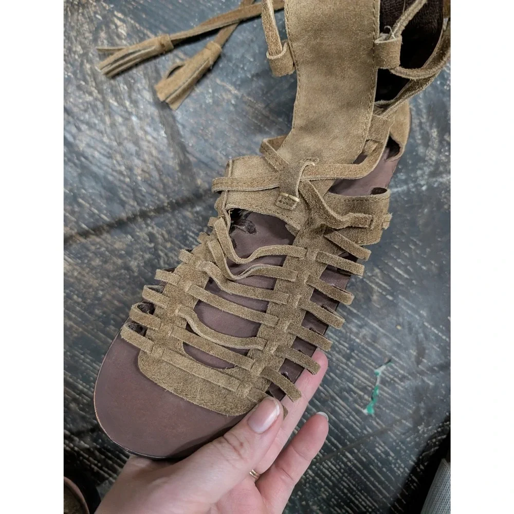 Free People Sun Seeker Tall Gladiator Sandals Tan Suede Lace Up Tassel Boho- 8.5